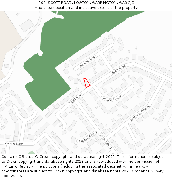 102, SCOTT ROAD, LOWTON, WARRINGTON, WA3 2JG: Location map and indicative extent of plot