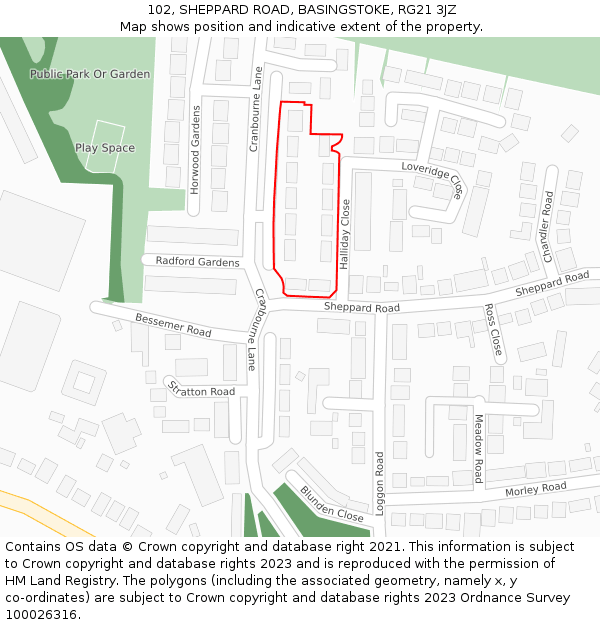 102, SHEPPARD ROAD, BASINGSTOKE, RG21 3JZ: Location map and indicative extent of plot