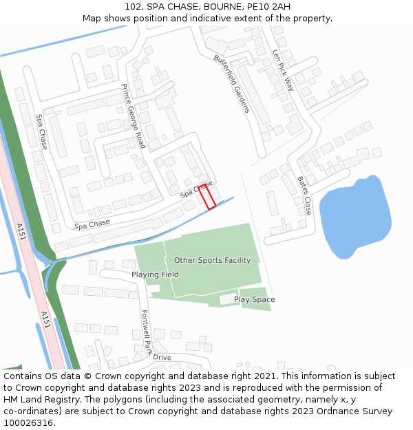 102, SPA CHASE, BOURNE, PE10 2AH: Location map and indicative extent of plot