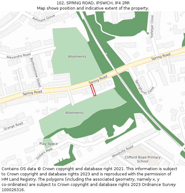 102, SPRING ROAD, IPSWICH, IP4 2RR: Location map and indicative extent of plot