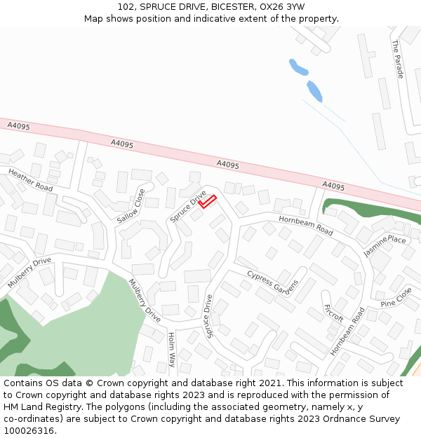 102, SPRUCE DRIVE, BICESTER, OX26 3YW: Location map and indicative extent of plot