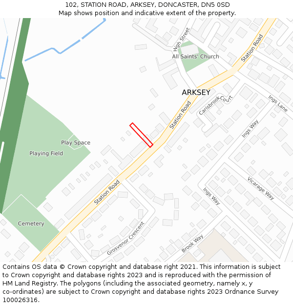 102, STATION ROAD, ARKSEY, DONCASTER, DN5 0SD: Location map and indicative extent of plot
