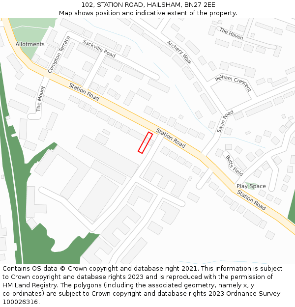 102, STATION ROAD, HAILSHAM, BN27 2EE: Location map and indicative extent of plot