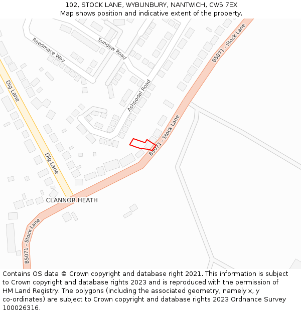 102, STOCK LANE, WYBUNBURY, NANTWICH, CW5 7EX: Location map and indicative extent of plot