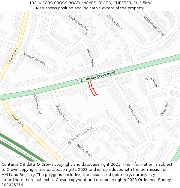 102, VICARS CROSS ROAD, VICARS CROSS, CHESTER, CH3 5NW: Location map and indicative extent of plot