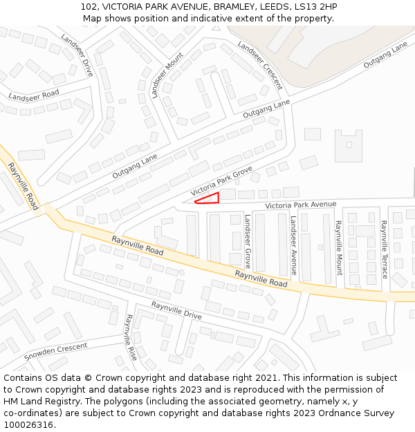 102, VICTORIA PARK AVENUE, BRAMLEY, LEEDS, LS13 2HP: Location map and indicative extent of plot