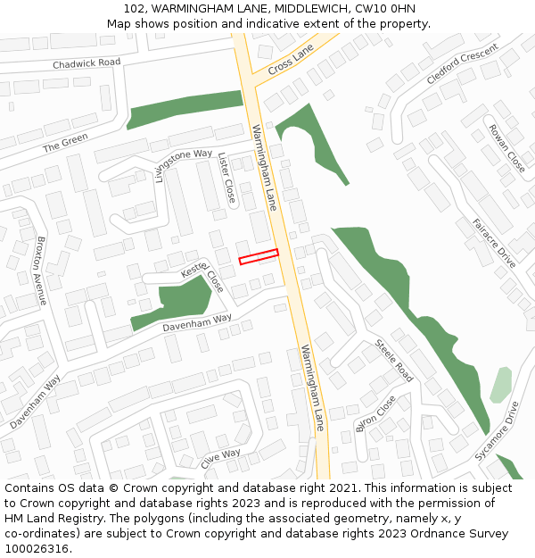 102, WARMINGHAM LANE, MIDDLEWICH, CW10 0HN: Location map and indicative extent of plot