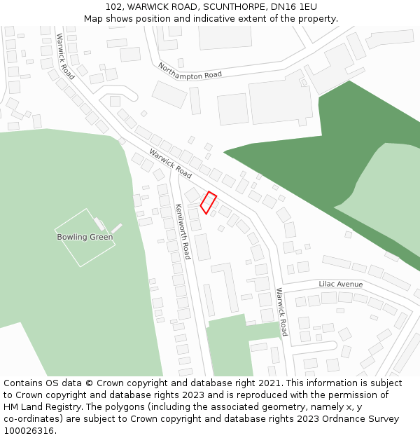 102, WARWICK ROAD, SCUNTHORPE, DN16 1EU: Location map and indicative extent of plot