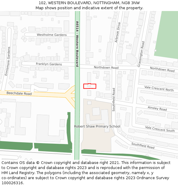 102, WESTERN BOULEVARD, NOTTINGHAM, NG8 3NW: Location map and indicative extent of plot