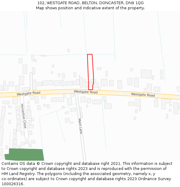 102, WESTGATE ROAD, BELTON, DONCASTER, DN9 1QG: Location map and indicative extent of plot