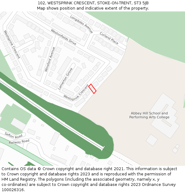 102, WESTSPRINK CRESCENT, STOKE-ON-TRENT, ST3 5JB: Location map and indicative extent of plot