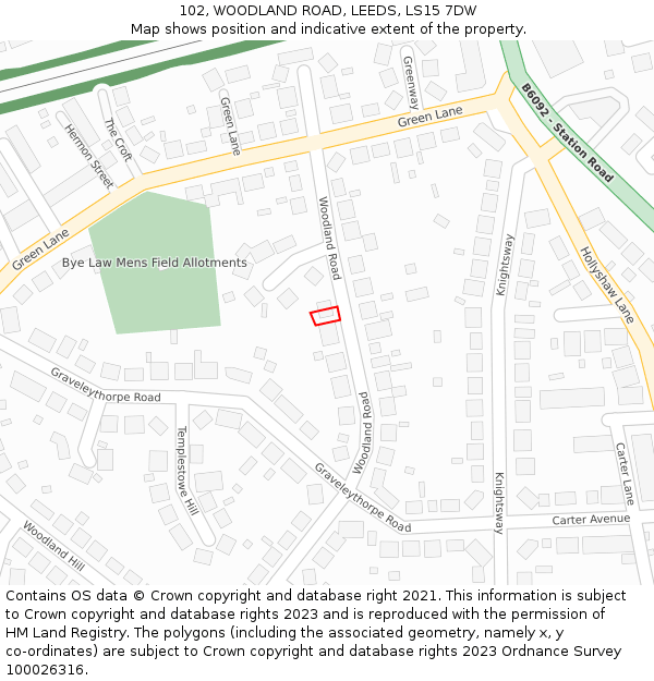 102, WOODLAND ROAD, LEEDS, LS15 7DW: Location map and indicative extent of plot
