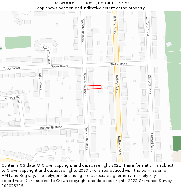 102, WOODVILLE ROAD, BARNET, EN5 5NJ: Location map and indicative extent of plot