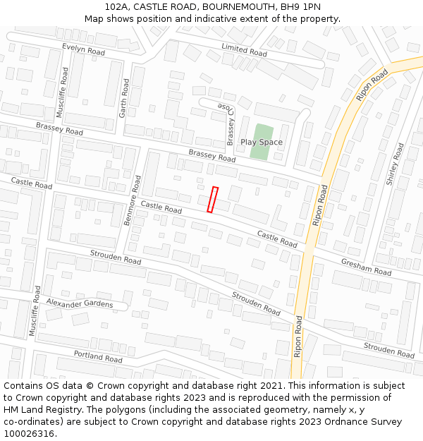 102A, CASTLE ROAD, BOURNEMOUTH, BH9 1PN: Location map and indicative extent of plot