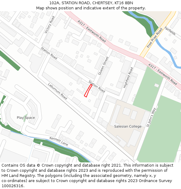 102A, STATION ROAD, CHERTSEY, KT16 8BN: Location map and indicative extent of plot