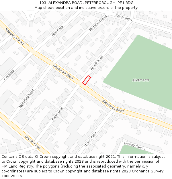 103, ALEXANDRA ROAD, PETERBOROUGH, PE1 3DG: Location map and indicative extent of plot