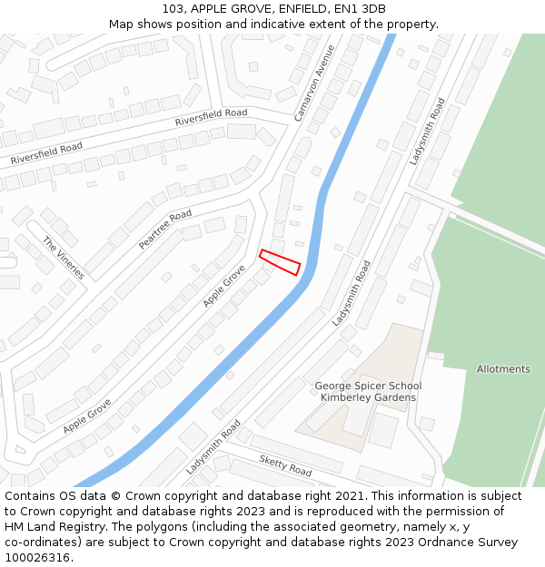 103, APPLE GROVE, ENFIELD, EN1 3DB: Location map and indicative extent of plot