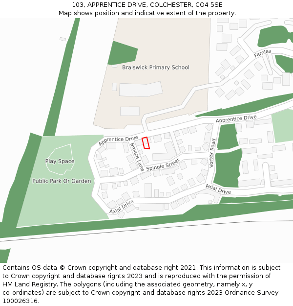 103, APPRENTICE DRIVE, COLCHESTER, CO4 5SE: Location map and indicative extent of plot
