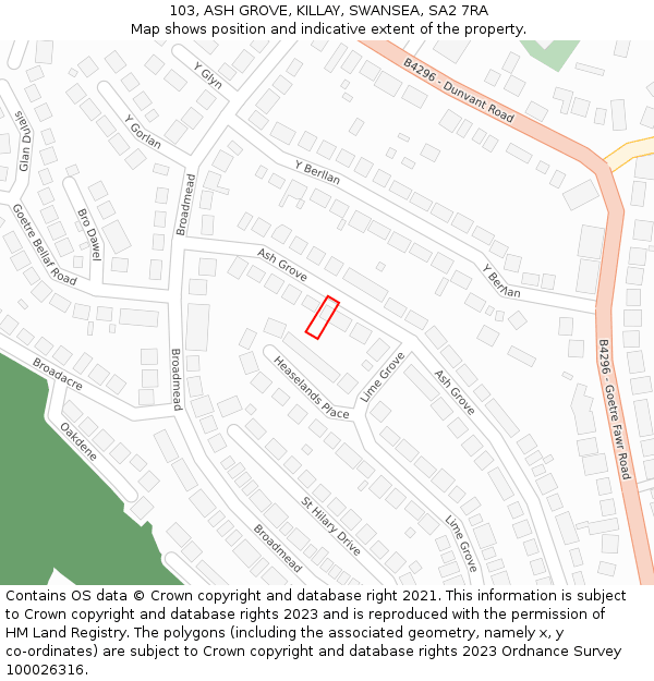 103, ASH GROVE, KILLAY, SWANSEA, SA2 7RA: Location map and indicative extent of plot
