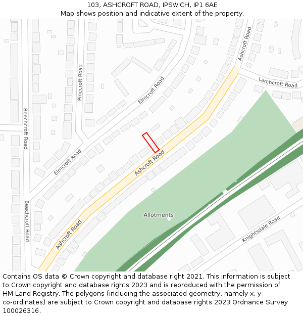 103, ASHCROFT ROAD, IPSWICH, IP1 6AE: Location map and indicative extent of plot