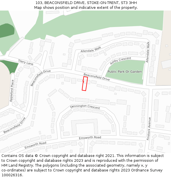 103, BEACONSFIELD DRIVE, STOKE-ON-TRENT, ST3 3HH: Location map and indicative extent of plot