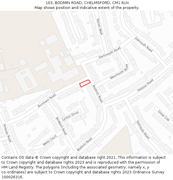 103, BODMIN ROAD, CHELMSFORD, CM1 6LN: Location map and indicative extent of plot