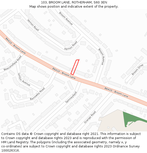 103, BROOM LANE, ROTHERHAM, S60 3EN: Location map and indicative extent of plot