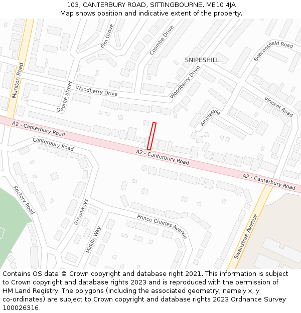 103, CANTERBURY ROAD, SITTINGBOURNE, ME10 4JA: Location map and indicative extent of plot
