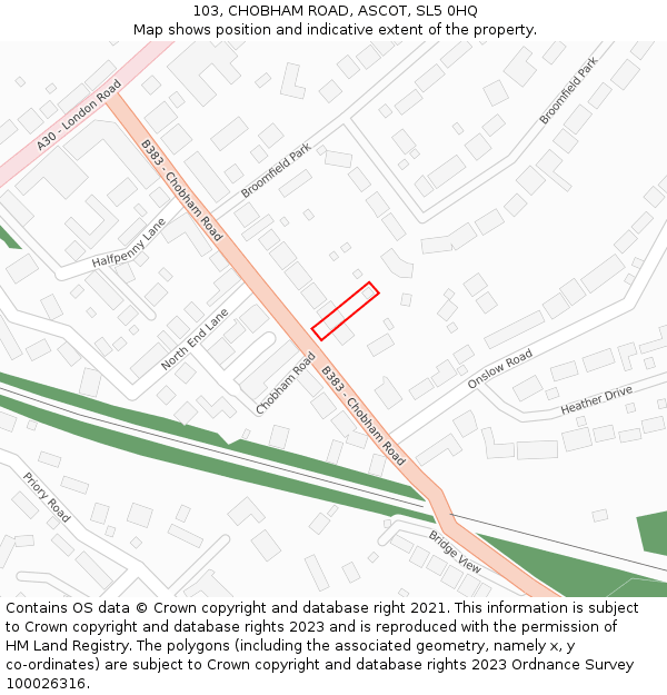 103, CHOBHAM ROAD, ASCOT, SL5 0HQ: Location map and indicative extent of plot