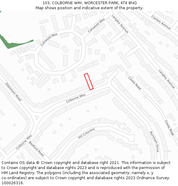 103, COLBORNE WAY, WORCESTER PARK, KT4 8NG: Location map and indicative extent of plot