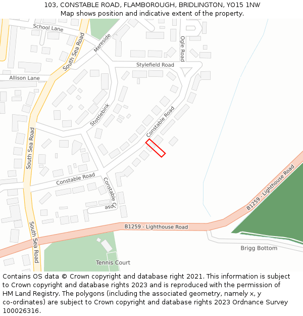 103, CONSTABLE ROAD, FLAMBOROUGH, BRIDLINGTON, YO15 1NW: Location map and indicative extent of plot