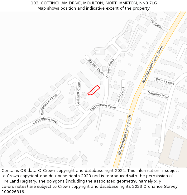 103, COTTINGHAM DRIVE, MOULTON, NORTHAMPTON, NN3 7LG: Location map and indicative extent of plot