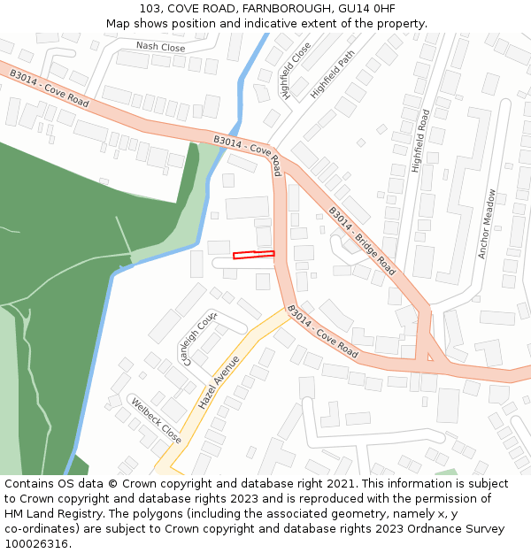 103, COVE ROAD, FARNBOROUGH, GU14 0HF: Location map and indicative extent of plot