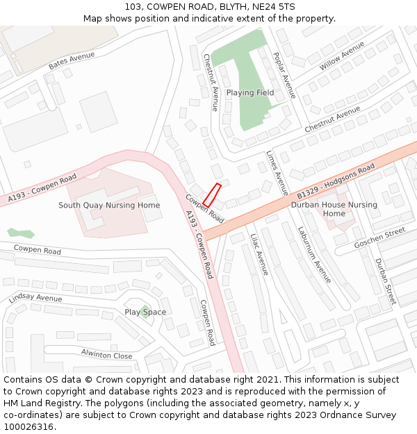 103, COWPEN ROAD, BLYTH, NE24 5TS: Location map and indicative extent of plot