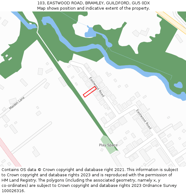 103, EASTWOOD ROAD, BRAMLEY, GUILDFORD, GU5 0DX: Location map and indicative extent of plot
