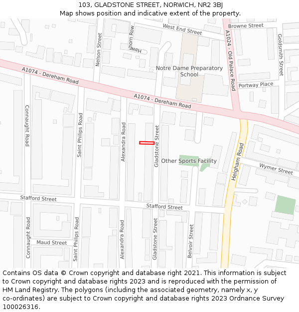 103, GLADSTONE STREET, NORWICH, NR2 3BJ: Location map and indicative extent of plot