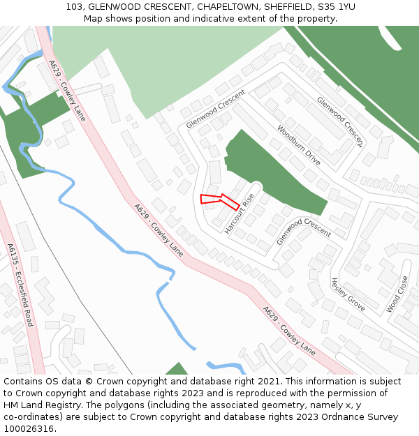 103, GLENWOOD CRESCENT, CHAPELTOWN, SHEFFIELD, S35 1YU: Location map and indicative extent of plot