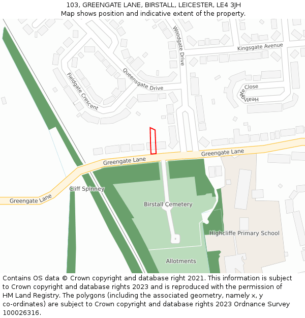 103, GREENGATE LANE, BIRSTALL, LEICESTER, LE4 3JH: Location map and indicative extent of plot