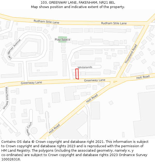 103, GREENWAY LANE, FAKENHAM, NR21 8EL: Location map and indicative extent of plot