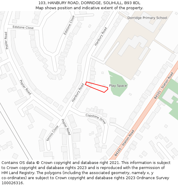 103, HANBURY ROAD, DORRIDGE, SOLIHULL, B93 8DL: Location map and indicative extent of plot