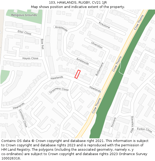 103, HAWLANDS, RUGBY, CV21 1JR: Location map and indicative extent of plot