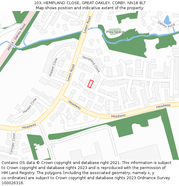 103, HEMPLAND CLOSE, GREAT OAKLEY, CORBY, NN18 8LT: Location map and indicative extent of plot