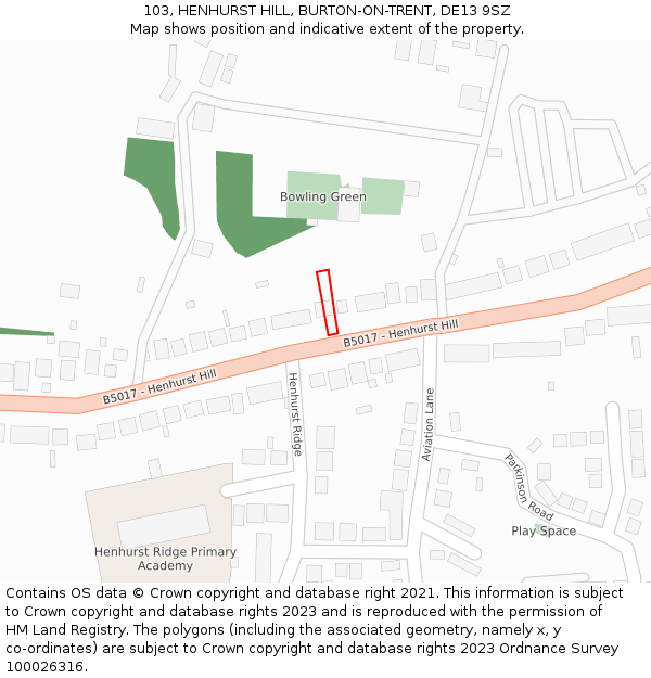 103, HENHURST HILL, BURTON-ON-TRENT, DE13 9SZ: Location map and indicative extent of plot