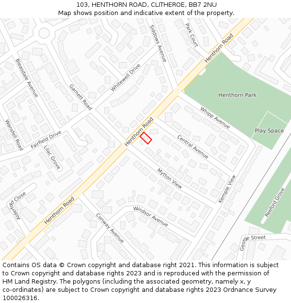 103, HENTHORN ROAD, CLITHEROE, BB7 2NU: Location map and indicative extent of plot