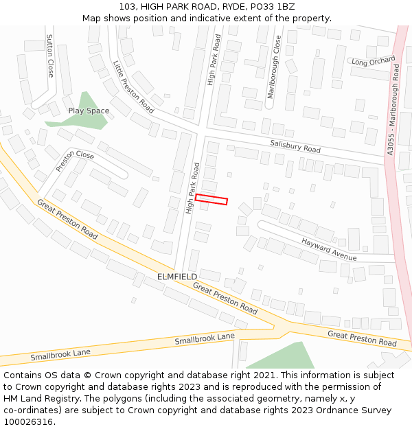 103, HIGH PARK ROAD, RYDE, PO33 1BZ: Location map and indicative extent of plot