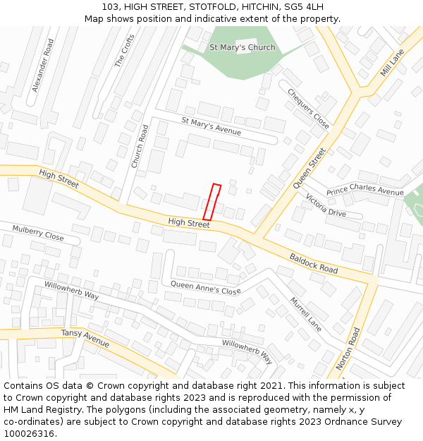 103, HIGH STREET, STOTFOLD, HITCHIN, SG5 4LH: Location map and indicative extent of plot