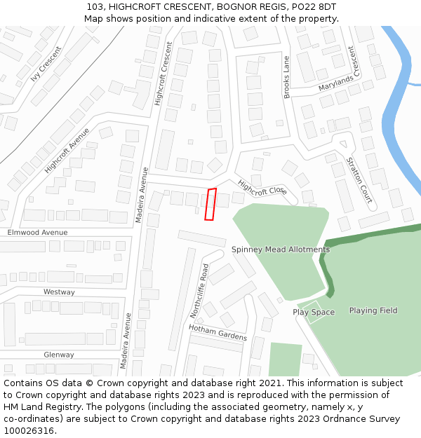 103, HIGHCROFT CRESCENT, BOGNOR REGIS, PO22 8DT: Location map and indicative extent of plot