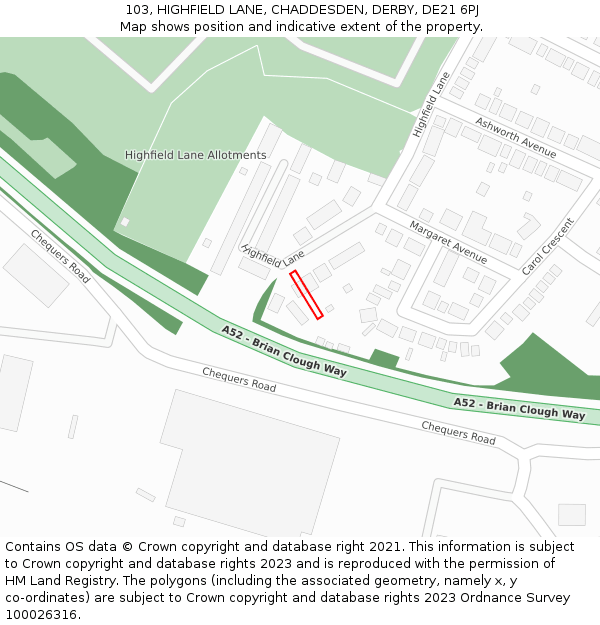103, HIGHFIELD LANE, CHADDESDEN, DERBY, DE21 6PJ: Location map and indicative extent of plot