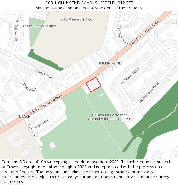 103, HOLLINSEND ROAD, SHEFFIELD, S12 2EB: Location map and indicative extent of plot