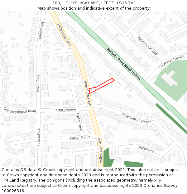 103, HOLLYSHAW LANE, LEEDS, LS15 7AF: Location map and indicative extent of plot